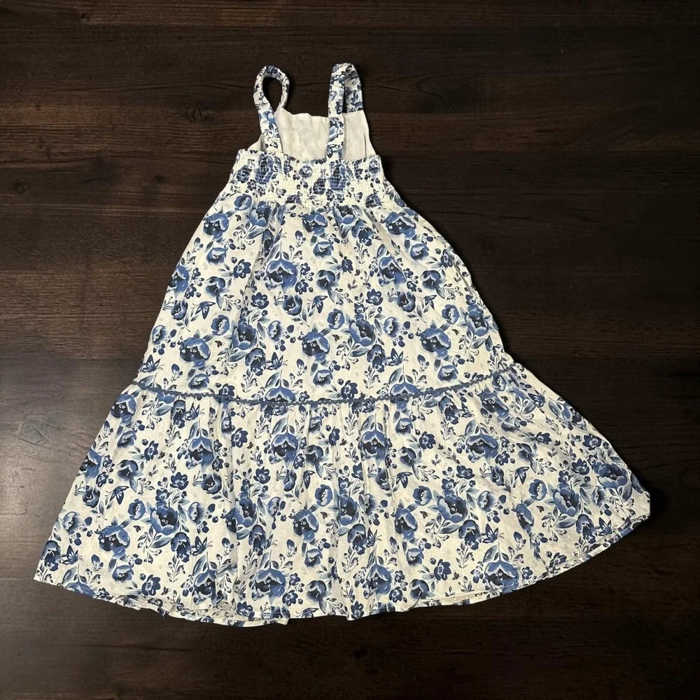 Isaac Mizrahi Girls Blue Floral Swiss Dot Tiered Maxi Dress Size 7 Smocked Back